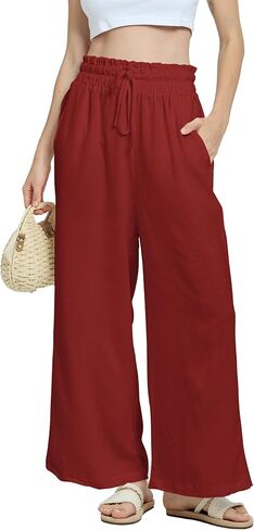 Joob Joob Linen Summer Pants for Women – High Waisted Drawstring Wide Leg Casual Palazzo Pants with Pockets in Saudi Arabia