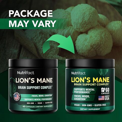 كبسولات المكملات الغذائية Lions Mane - 1000 ملغ لكل وجبة، مركب دعم الدماغ الكامل مع L Theanine، أوراق الجنكة، فيتامين B6، B12 - نباتي، غير معدّل وراثيًا ومصنوع في الولايات المتحدة الأمريكية Lions Mane Mushroom - 60 كبسولة in Kuwait