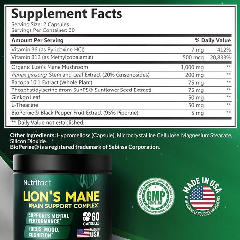 كبسولات المكملات الغذائية Lions Mane - 1000 ملغ لكل وجبة، مركب دعم الدماغ الكامل مع L Theanine، أوراق الجنكة، فيتامين B6، B12 - نباتي، غير معدّل وراثيًا ومصنوع في الولايات المتحدة الأمريكية Lions Mane Mushroom - 60 كبسولة in Kuwait
