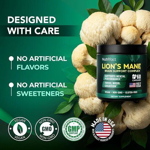 كبسولات المكملات الغذائية Lions Mane - 1000 ملغ لكل وجبة، مركب دعم الدماغ الكامل مع L Theanine، أوراق الجنكة، فيتامين B6، B12 - نباتي، غير معدّل وراثيًا ومصنوع في الولايات المتحدة الأمريكية Lions Mane Mushroom - 60 كبسولة in Kuwait