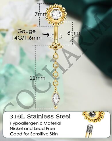 حلقة زر البطن العائمة من COCHARM، 14G 5A CZ حلقات سرة البطن المتدلية للنساء، مجوهرات ثقب السرة العكسية 8/10 مم in Kuwait