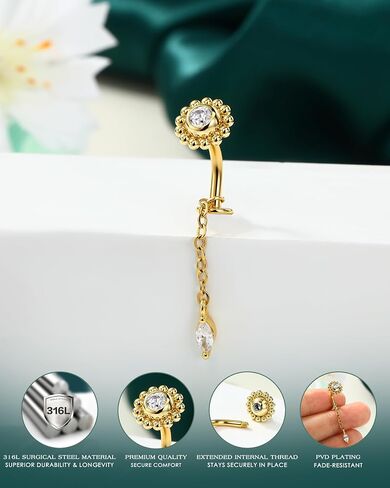 حلقة زر البطن العائمة من COCHARM، 14G 5A CZ حلقات سرة البطن المتدلية للنساء، مجوهرات ثقب السرة العكسية 8/10 مم in Kuwait