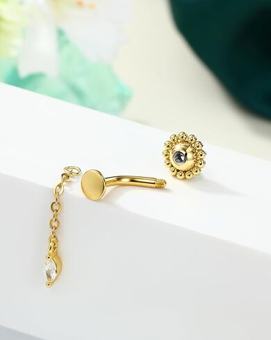 حلقة زر البطن العائمة من COCHARM، 14G 5A CZ حلقات سرة البطن المتدلية للنساء، مجوهرات ثقب السرة العكسية 8/10 مم in Kuwait
