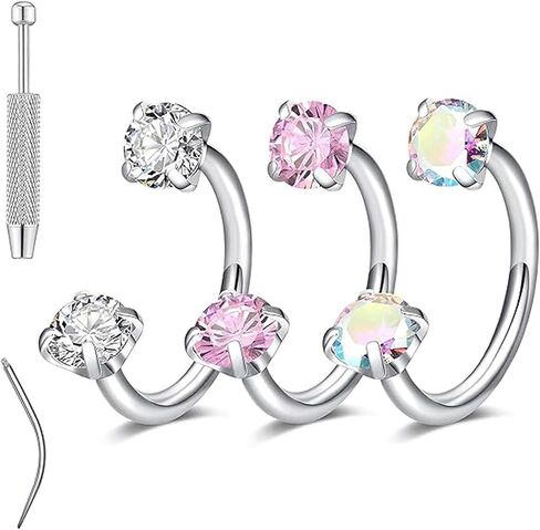 Horseshoe Nose Ring for Women Double Gem Horse Shoe Nose Ring Hoop 18g 20g Surgical Steel Silver Cartilage Helix Tragus Earring Hoops Labret Lip Piercing Jewelry Small Septum Rings 18 Gauge 3Pcs Set with Grabber Tool in Saudi Arabia