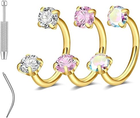 Horseshoe Nose Ring for Women Double Gem Horse Shoe Nose Ring Hoop 18g 20g Surgical Steel Silver Cartilage Helix Tragus Earring Hoops Labret Lip Piercing Jewelry Small Septum Rings 18 Gauge 3Pcs Set with Grabber Tool in Kuwait