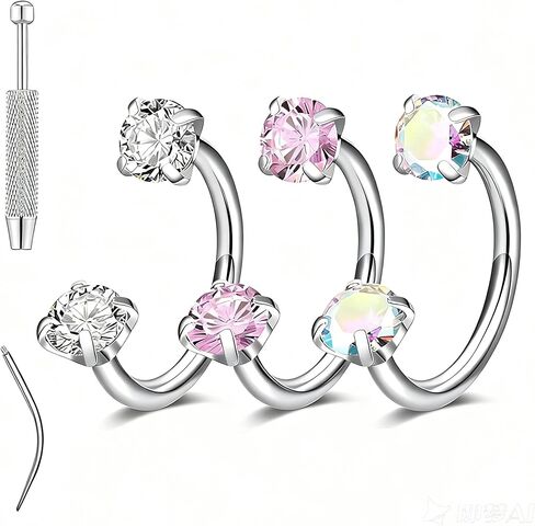 Horseshoe Nose Ring for Women Double Gem Horse Shoe Nose Ring Hoop 18g 20g Surgical Steel Silver Cartilage Helix Tragus Earring Hoops Labret Lip Piercing Jewelry Small Septum Rings 18 Gauge 3Pcs Set with Grabber Tool in Kuwait