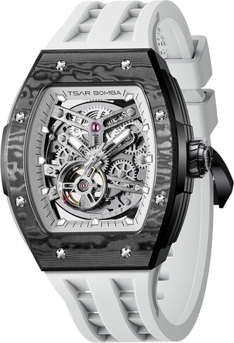 TSAR BOMBA Men's Automatic Watch Luxury Skeleton Watches for Men Mechanical 50M Waterproof Analogue Tonneau Watches Mens Unique Cool Square Big Face Dial Wristwatch Gift for Men in Saudi Arabia