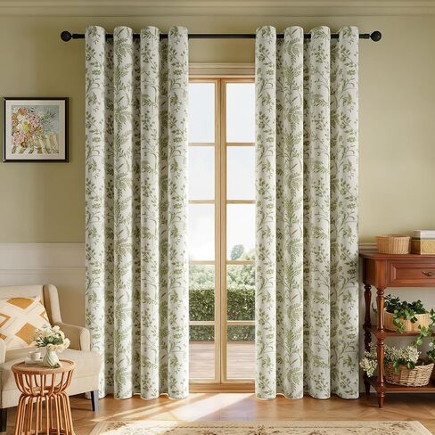 Rinwoc Vintage Leaf and Floral Print Blackout Curtains Set of 2 Panels 84 Inch, Grommet Top Linen Textured Drapes for Bedroom Living Room Thermal Room Darkening Green (W52xL84) in Saudi Arabia