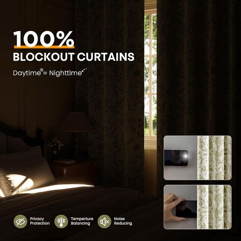 Rinwoc Vintage Leaf and Floral Print Blackout Curtains Set of 2 Panels 84 Inch, Grommet Top Linen Textured Drapes for Bedroom Living Room Thermal Room Darkening Green (W52xL84) in Saudi Arabia