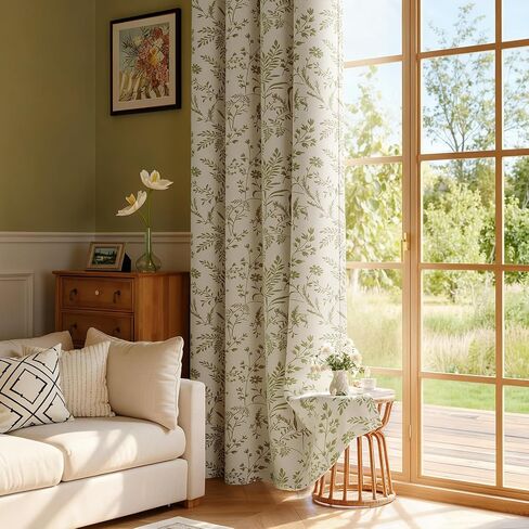 Rinwoc Vintage Leaf and Floral Print Blackout Curtains Set of 2 Panels 84 Inch, Grommet Top Linen Textured Drapes for Bedroom Living Room Thermal Room Darkening Green (W52xL84) in Saudi Arabia