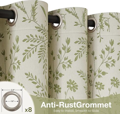 Rinwoc Vintage Leaf and Floral Print Blackout Curtains Set of 2 Panels 84 Inch, Grommet Top Linen Textured Drapes for Bedroom Living Room Thermal Room Darkening Green (W52xL84) in Saudi Arabia