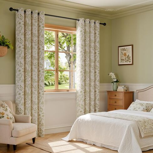Rinwoc Vintage Leaf and Floral Print Blackout Curtains Set of 2 Panels 84 Inch, Grommet Top Linen Textured Drapes for Bedroom Living Room Thermal Room Darkening Green (W52xL84) in Saudi Arabia