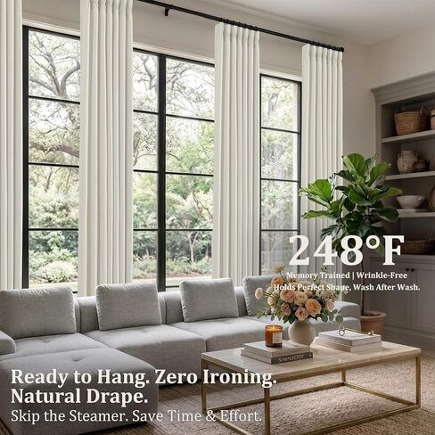 Pinch Pleated Linen Curtains 90 Inch, 2 Panels Premium 400GSM Memory Trained Semi Sheer Light Filtering Window Drapes for Living Room Bedroom Dining, Back Tab & Adjustable Hooks Rings , Birch Natural in Kuwait