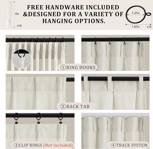 Pinch Pleated Linen Curtains 90 Inch, 2 Panels Premium 400GSM Memory Trained Semi Sheer Light Filtering Window Drapes for Living Room Bedroom Dining, Back Tab & Adjustable Hooks Rings , Birch Natural in Kuwait