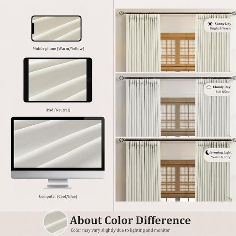 Pinch Pleated Linen Curtains 90 Inch, 2 Panels Premium 400GSM Memory Trained Semi Sheer Light Filtering Window Drapes for Living Room Bedroom Dining, Back Tab & Adjustable Hooks Rings , Birch Natural in Kuwait