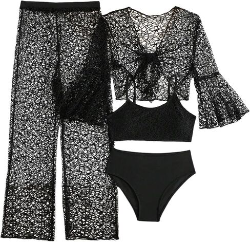 SOLY HUX Girl's Swimsuits Bikini Set 4 Piece Bathing Suit with Hollow Out Coverup Top and Pants in Kuwait