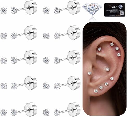 GEMQUEEN 10 Pairs Moissanite Earrings Studs Stainless Steel Flat Back Earring for Women Men - Hypoallergenic Set Cartilage Helix Piercing Jewelry Brilliant Round Cut D Color VVS1 2mm in Kuwait