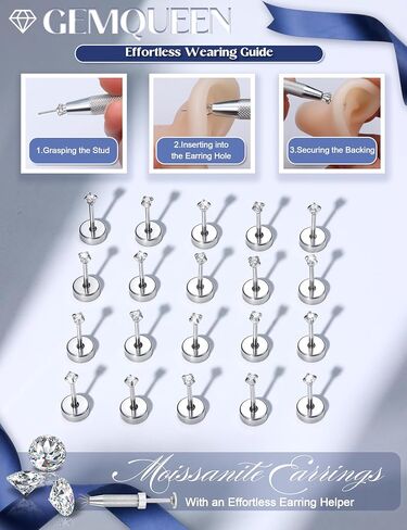 GEMQUEEN 10 Pairs Moissanite Earrings Studs Stainless Steel Flat Back Earring for Women Men - Hypoallergenic Set Cartilage Helix Piercing Jewelry Brilliant Round Cut D Color VVS1 2mm in Kuwait