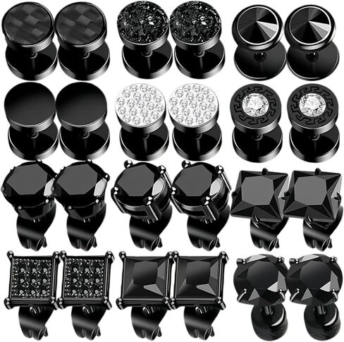 24 PCS Black Earrings for Mens Blacks Earring Blacks Set, Square Black Stud Earrings for Men Set,Long-Lasting Shine Fashion Aretes De Hombre for Multiple Piercing in Saudi Arabia
