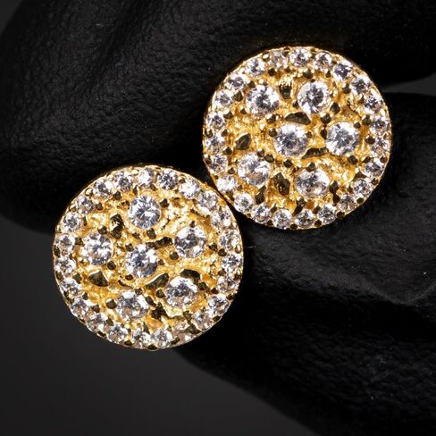 Men’s Round 14K Yellow Gold Plated 925 Sterling Silver Screw Back Post Circle Retro 90's Ice Out Cz Hip Hop Hypoallergenic Solid Gold Nugget Stud Earrings in Saudi Arabia