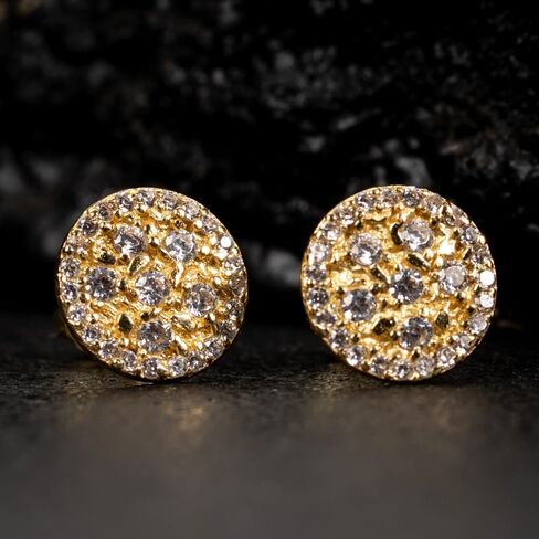 Men’s Round 14K Yellow Gold Plated 925 Sterling Silver Screw Back Post Circle Retro 90's Ice Out Cz Hip Hop Hypoallergenic Solid Gold Nugget Stud Earrings in Saudi Arabia