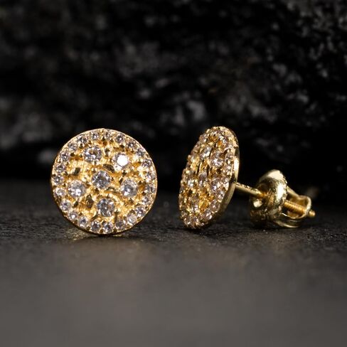 Men’s Round 14K Yellow Gold Plated 925 Sterling Silver Screw Back Post Circle Retro 90's Ice Out Cz Hip Hop Hypoallergenic Solid Gold Nugget Stud Earrings in Saudi Arabia