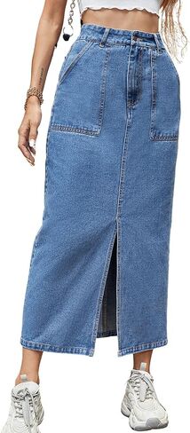 ebossy Women's Casual High Waist Front Slit Utility Pencil Long Jean Skirts with Patch Pockets in Kuwait