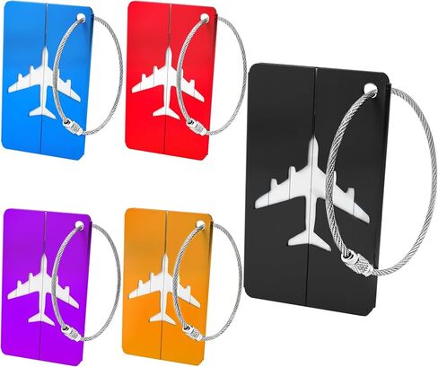 Quacc 5 PCS Metal Luggage Tags with Steel Loop, Aluminium Alloy Travel Secure Luggage Labels Suitcase Tag with Waterproof Name ID Card for Bag, Backpack, Suitcase, Case (5 Colors) in Kuwait