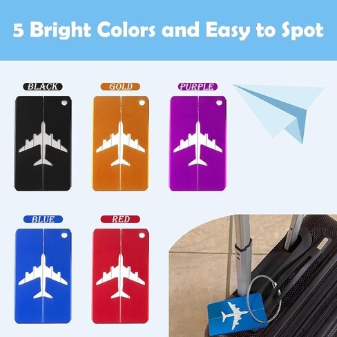 Quacc 5 PCS Metal Luggage Tags with Steel Loop, Aluminium Alloy Travel Secure Luggage Labels Suitcase Tag with Waterproof Name ID Card for Bag, Backpack, Suitcase, Case (5 Colors) in Kuwait