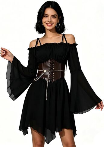 Women Renaissance Medieval Fairy Dress Pirate Outfit Dress Off Shoulder Bell Sleeve with Waist Belt Waist chain in Saudi Arabia
