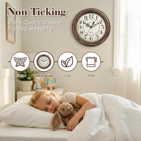 Geevon Vintage Wall Clock, Silent 12" Non Ticking Retro Round Clock Quartz Decorative Battery Operated Wall Clock for Kitchen, Office, Bedroom, Living Room, Classroom, Decor in Saudi Arabia