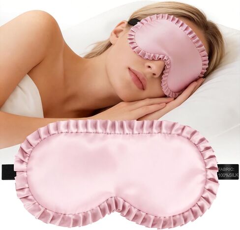 Silk Sleep Mask for Women: 100% Mulberry Silk Eye Mask, Black Back Sleeping Mask for Light Blocking, Soft Wavy Edge Eye Cover and Adjustable Strap, Travel & Sleep Gift (Pink) in Saudi Arabia