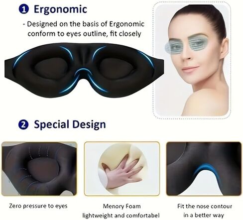 Black 3D Contoured Sleep Eye Mask, Concave Molded Night Sleep Mask, 100% Light Blocking, Soft Comfortable Eye Cover for Men and Women, Ideal for Travel, Naps, Yoga and Night Sleep in Kuwait