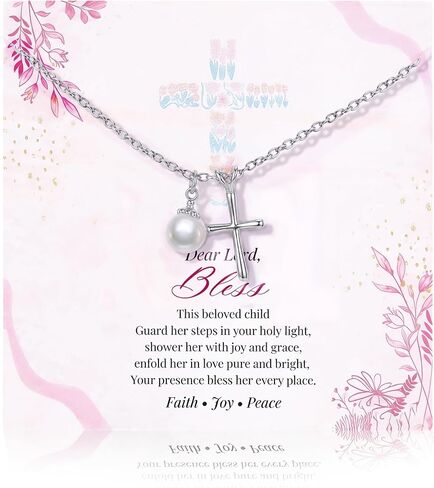 Krfy S925 Sterling Silver Necklace for Girls Women Hypoallergenic, Dainty 16K Gold Plated Silver Colorful Cross Pearl Heart Pendant Necklace, Cute Necklaces Happy Birthday Gifts Faith Jewelry for Her in Saudi Arabia