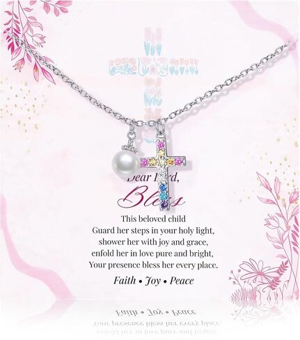 Krfy S925 Sterling Silver Necklace for Girls Women Hypoallergenic, Dainty 16K Gold Plated Silver Colorful Cross Pearl Heart Pendant Necklace, Cute Necklaces Happy Birthday Gifts Faith Jewelry for Her in Saudi Arabia