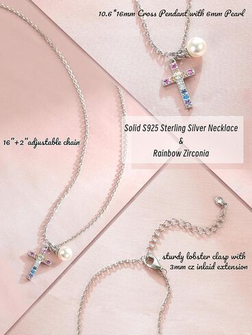 Krfy S925 Sterling Silver Necklace for Girls Women Hypoallergenic, Dainty 16K Gold Plated Silver Colorful Cross Pearl Heart Pendant Necklace, Cute Necklaces Happy Birthday Gifts Faith Jewelry for Her in Saudi Arabia