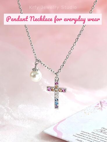 Krfy S925 Sterling Silver Necklace for Girls Women Hypoallergenic, Dainty 16K Gold Plated Silver Colorful Cross Pearl Heart Pendant Necklace, Cute Necklaces Happy Birthday Gifts Faith Jewelry for Her in Saudi Arabia