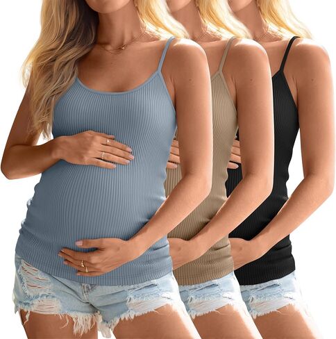 3 Pack Womens Maternity Camisole Tank Tops Pregnancy Basic Ribbed Cami Undershirts with Adjustable Spaghetti Straps in Kuwait