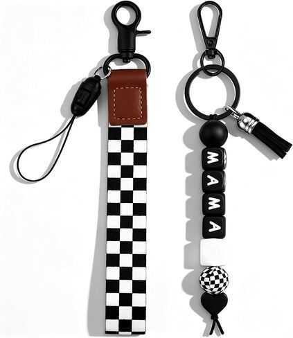 Mama Keychain Black Checkered Lanyard for Car Keys Checkered Wristlet Keychain for Women Silicone Bead Keychain Mama Accessories Black Purse Charms for Backpack in Saudi Arabia