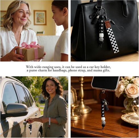 Mama Keychain Black Checkered Lanyard for Car Keys Checkered Wristlet Keychain for Women Silicone Bead Keychain Mama Accessories Black Purse Charms for Backpack in Saudi Arabia