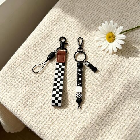 Mama Keychain Black Checkered Lanyard for Car Keys Checkered Wristlet Keychain for Women Silicone Bead Keychain Mama Accessories Black Purse Charms for Backpack in Saudi Arabia