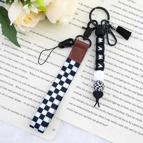 Mama Keychain Black Checkered Lanyard for Car Keys Checkered Wristlet Keychain for Women Silicone Bead Keychain Mama Accessories Black Purse Charms for Backpack in Saudi Arabia