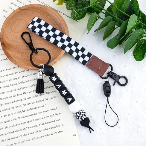 Mama Keychain Black Checkered Lanyard for Car Keys Checkered Wristlet Keychain for Women Silicone Bead Keychain Mama Accessories Black Purse Charms for Backpack in Saudi Arabia