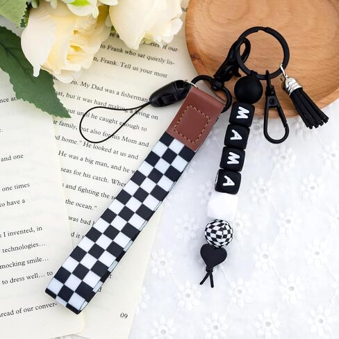 Mama Keychain Black Checkered Lanyard for Car Keys Checkered Wristlet Keychain for Women Silicone Bead Keychain Mama Accessories Black Purse Charms for Backpack in Saudi Arabia