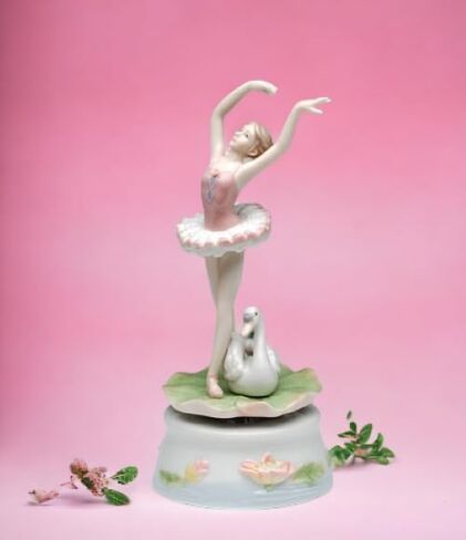 Cosmos Gifts Fine Porcelain Swan Lake Ballerina Ballet Dancer in Pink Tutu on Lily Pad with Swan Music Box Figurine Plays Swan Lake Music Tune, 7-3/8 in in Kuwait