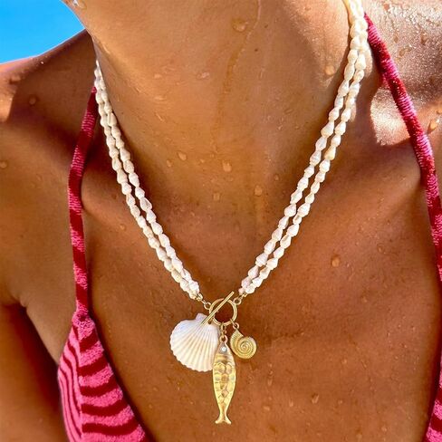 Fish Necklace for Women Chunky Beach Seashell Fish Pendant Necklace Summer Boho Fish Charm Layered Necklace Fashion Trendy Toggle Necklaces Jewelry Gifts in Kuwait