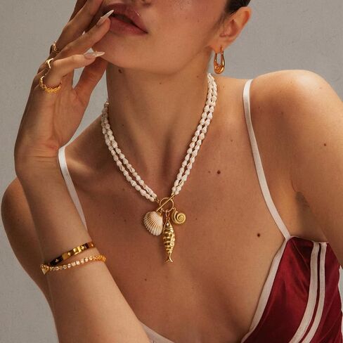 Fish Necklace for Women Chunky Beach Seashell Fish Pendant Necklace Summer Boho Fish Charm Layered Necklace Fashion Trendy Toggle Necklaces Jewelry Gifts in Kuwait