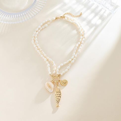 Fish Necklace for Women Chunky Beach Seashell Fish Pendant Necklace Summer Boho Fish Charm Layered Necklace Fashion Trendy Toggle Necklaces Jewelry Gifts in Kuwait