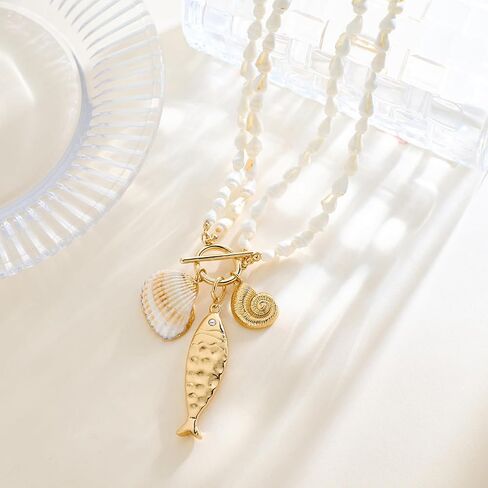 Fish Necklace for Women Chunky Beach Seashell Fish Pendant Necklace Summer Boho Fish Charm Layered Necklace Fashion Trendy Toggle Necklaces Jewelry Gifts in Kuwait