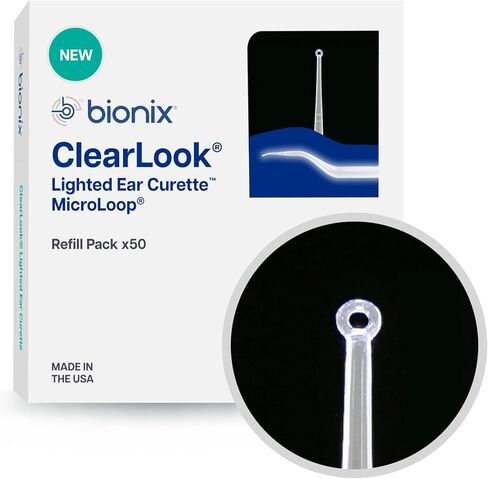 Bionix - عبوة إعادة ملء أداة تنظيف الأذن ClearLook Lighted AngleLoop، أداة آمنة لإزالة شمع الأذن، تساعد في إزالة الصملاخ الزائد، مريحة وسهلة الاستخدام، مثالية لمقدمي الرعاية الصحية، استخدام واحد (50 قطعة) in Kuwait